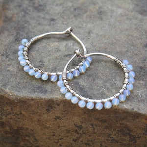 Sterling Silver Hoops, Opalite Hoops, Oxidized Silver, Small Hoop, Wire Wrapped, Boho Earring, Everyday Earring, Boho Jewelry