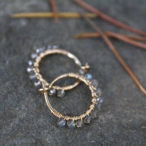 Gold filled Hoops, Labradorite Earrings, 1/2 inch Gold Hoops  Petal Earrings, Hoop Earrings, Wire Wrapped Earrings, Lightweight Earrings