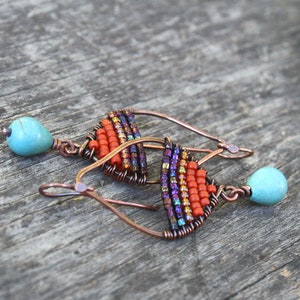 Oxidized Copper Petal Earrings: Woven Seed Bead Boho Jewelry