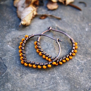 Oxidized Copper Hoop Earrings: Marigold Seed Bead Wire Jewelry
