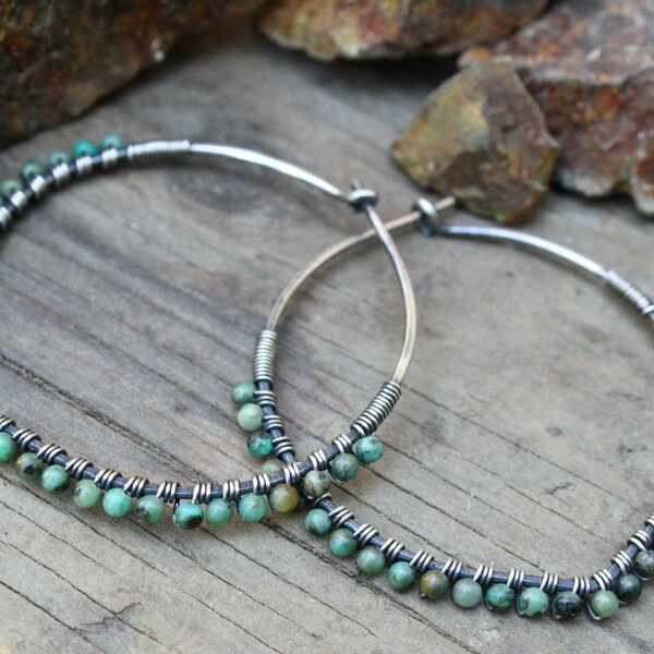 Sterling Silver Hoops, Oxidized Sterling Silver, African Turquoise, Petal Hoops, Wire Wrapped Hoops, Lightweight Jewelry, Wire Jewelry