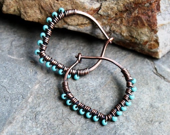 Petal Hoop Earrings, Oxidized Copper, Turquoise, Seed Bead Earrings,  One Inch Hoops, Wire Wrapped Hoops, Wire Jewelry, Lightweight Earrings