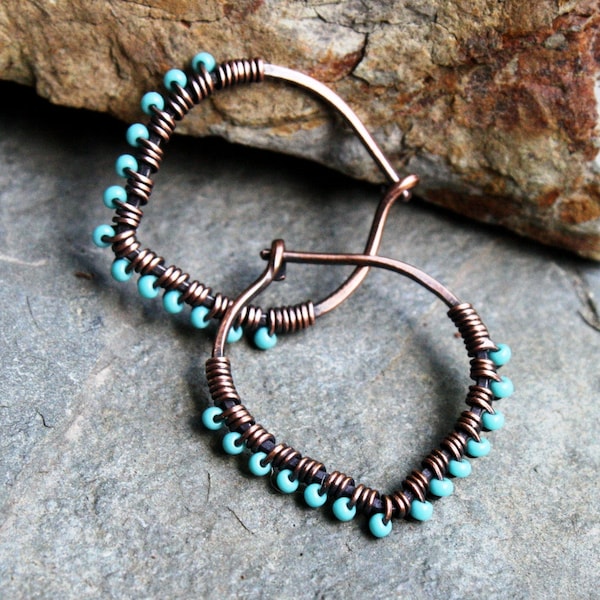 Petal Hoop Earrings, Oxidized Copper, Turquoise, Seed Bead Earrings,  One Inch Hoops, Wire Wrapped Hoops, Wire Jewelry, Lightweight Earrings