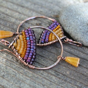 Woven Copper Teardrop Seed Bead Earrings, Purple Sunset, Oxidized Copper, Wire Jewelry, Boho Jewelry, Colorful Earrings, Boho Earrings