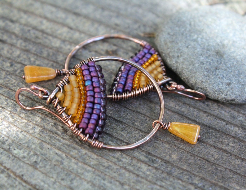Purple Sunset Boho Earrings Woven Copper Teardrop Seed Bead Earrings Boho Jewelry Oxidized Copper Wire Jewelry Colorful Earrings