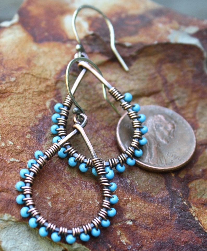 Copper Teardrop Earrings Turquoise Oxidized Copper Seed | Etsy