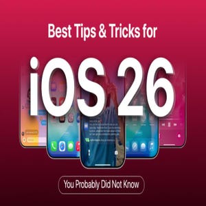 Könnte beinhalten: Eine digitale Grafik auf dunkelrotem Hintergrund mit dem Text Best Tips & Tricks for iOS 26 und You Probably Did Not Know. Das Bild zeigt mehrere Smartphone-Bildschirme mit verschiedenen App-Oberflächen und Symbolen in einer Anordnung.