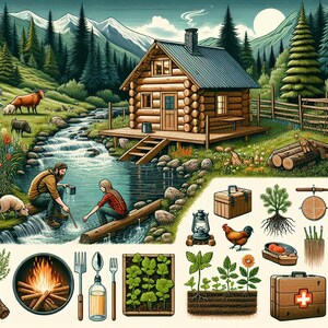 May include: A rustic log cabin sits by a mountain stream with a person and a companion nearby. The scene includes illustrations of a campfire, gardening tools, a lantern, a chicken, a first aid kit, and various plants on a light background.