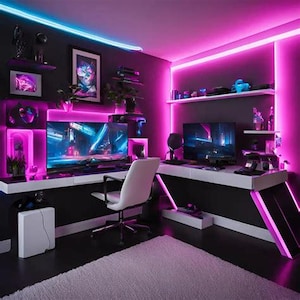 May include: A gaming room setup featuring two computer monitors on white desks, a white office chair, and wall-mounted shelves. The space is illuminated by vibrant pink and blue LED strip lighting, creating a high-contrast atmosphere with dark walls.
