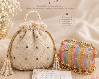 May include: A cream-colored drawstring potli bag with pearl bead embellishments and gold cord handles, a set of multi-colored translucent bangles with gold charms, and a small rectangular card featuring a grid of tiny circular stickers.