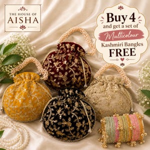 May include: Four round drawstring pouches in mustard yellow, deep red, black, and beige velvet, each featuring gold floral embroidery, sequin accents, and a pearl-beaded handle. A set of multicolored bangles with small gold charms is included.