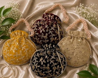 Geborduurde Potli, Indiaas huwelijksgeschenk, bruidsclutch, traditionele tas met trekkoord