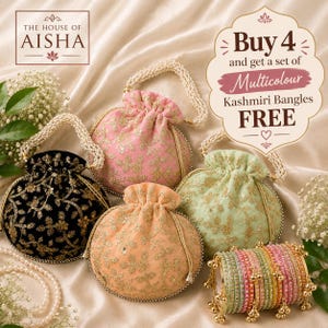 May include: Four drawstring pouches in black, pink, peach, and light green, each featuring gold floral embroidery, sequin accents, and a pearl-beaded handle. A set of multicolored bangles with small hanging charms is included.