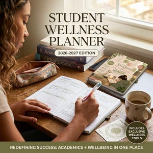 Peut inclure: Un Student Wellness Planner édition 2026-2027 avec une couverture verte illustrée d'une personne qui étudie. Le planificateur est ouvert sur un bureau en bois, montrant des pages lignées, une trousse, une tasse et un graphique circulaire.