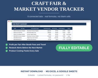Craft Fair Vendor Tracker Spreadsheet, Product Costing, Sales Log, Profit Dashboard, Google Sheets Excel