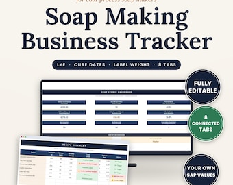 Soap Making Business Spreadsheet, Lye Calculator, Recipe Cost per Bar, Cure Tracker, Label Weight Check, Excel Google Sheets