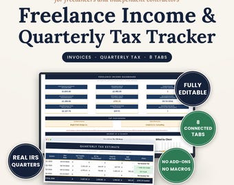 Freelance Income Tracker Spreadsheet, Quarterly Tax Estimate Calculator, Self Employed Client Invoice Log Excel Google Sheets