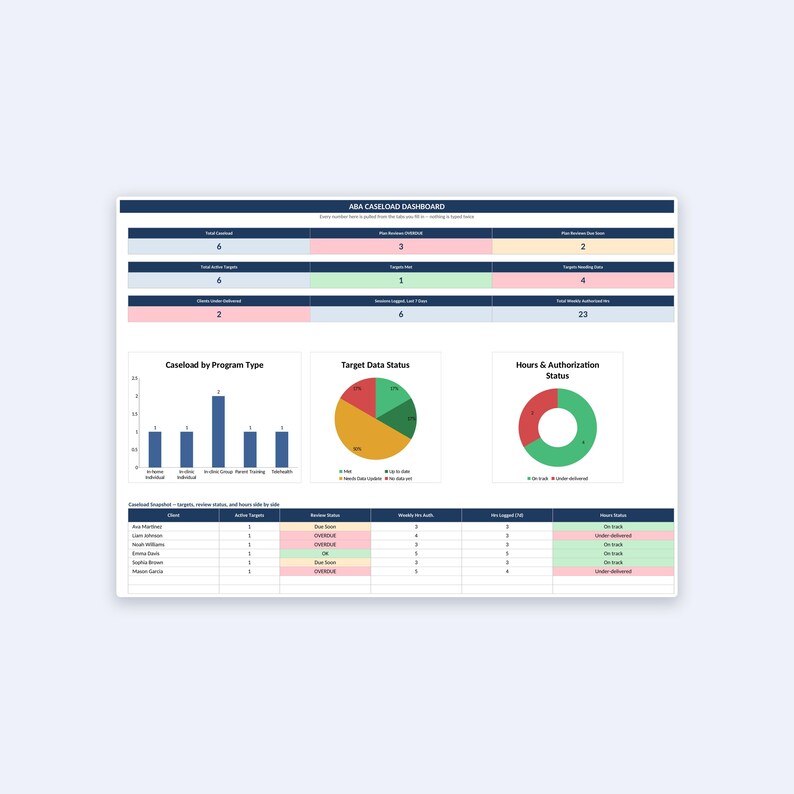 May include: An ABA Caseload Dashboard displaying data metrics, including a bar chart for Caseload by Program Type, a pie chart for Target Data Status, a donut chart for Hours & Authorization Status, and a table summarizing client performance metrics.