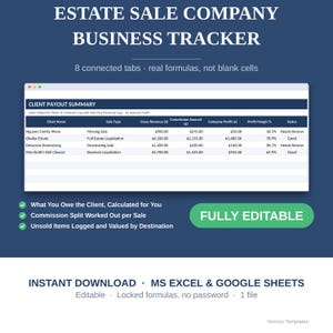 Puede incluir: Una plantilla de hoja de cálculo Estate Sale Company Business Tracker para MS Excel y Google Sheets. La interfaz muestra una tabla Client Payout Summary con columnas para nombre del cliente, tipo de venta, ingresos, comisión, beneficio y estado.