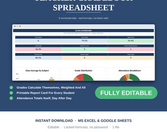 Teacher Gradebook Spreadsheet, Editable Grade Tracker Excel & Google Sheets, Weighted Grades, Attendance Dashboard, Instant Download