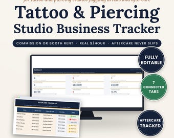Tattoo Piercing Studio Business Tracker Spreadsheet, Artist Commission Booth Rent Aftercare Log, Excel Google Sheets