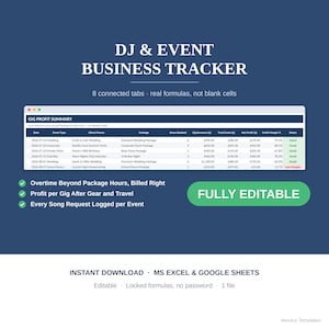 May include: A digital DJ and event business tracker spreadsheet template for MS Excel and Google Sheets. The interface displays a gig profit summary table with columns for date, event type, client, package, hours, revenue, costs, profit, and margin.