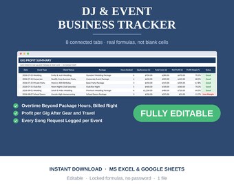 DJ Business Tracker Spreadsheet, Gig Booking Log, Music Request List, Profit Dashboard, Google Sheets Excel
