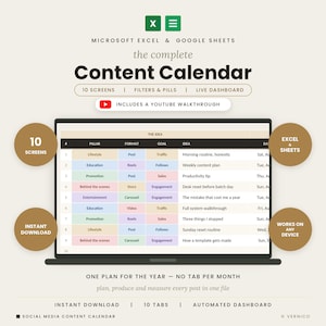 Könnte beinhalten: Eine digitale Inhaltskalender-Vorlage für Microsoft Excel und Google Sheets auf einem Laptop-Bildschirm. Die Benutzeroberfläche zeigt Spalten für Säule, Format, Ziel und Idee mit Datenzeilen. Enthält Textbeschriftungen für 10 Bildschirme und ein Video.