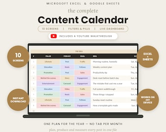 Content Calendar Google Sheets Excel Social Media Content Planner Spreadsheet Post Scheduler Instagram TikTok YouTube Analytics Tracker