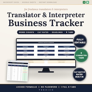 May include: A digital business tracker for freelance translators and interpreters, compatible with Microsoft Excel and Google Sheets. The interface displays a language practice dashboard, a capacity and deadline planner, and eight connected tabs.