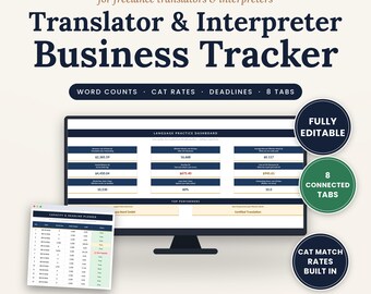 Translator Interpreter Business Tracker Spreadsheet, CAT Word Count Rates, Invoice Deadline Planner, Excel Google Sheets