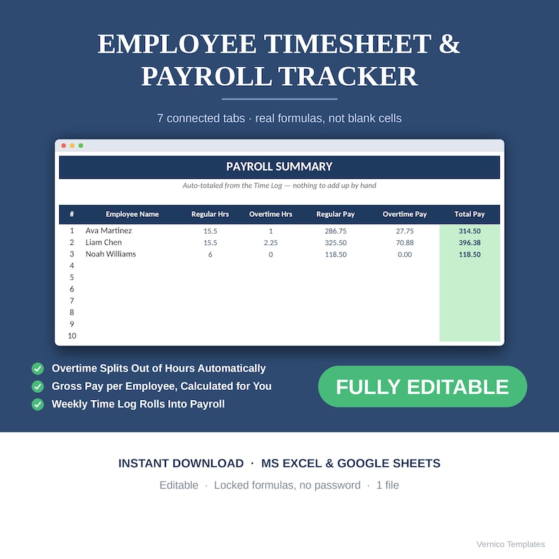 Employee Timesheet & Payroll Tracker Excel, Overtime Calculator, Google ...