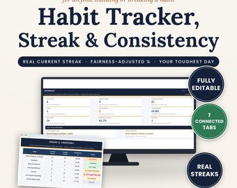 Habit Tracker Spreadsheet, Streak Counter & Consistency Dashboard, Daily Habit Log, Excel Google Sheets