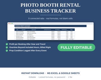 Photo Booth Rental Business Tracker Spreadsheet, Booking Log, Prop Care, Profit Dashboard, Excel