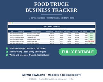 Food Truck Business Tracker Spreadsheet, Menu Costing, Event Log, Profit Dashboard, Google Sheets Excel