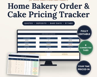 Cake Pricing Calculator Spreadsheet, Home Bakery Order Tracker, Tiered Cake Servings, Deposit Balance, Excel Google Sheets