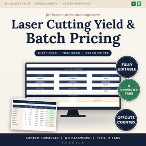May include: A digital spreadsheet template for laser cutters and engravers titled Laser Cutting Yield & Batch Pricing. The interface displays a shop dashboard with performance metrics, a product yield table, and labels indicating fully editable 8 connected tabs and offcuts counted features.