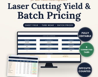 Laser Engraving Business Spreadsheet, Sheet Yield Calculator, Batch Pricing, Machine Hour Cost, Job Tracker, Excel Google Sheets