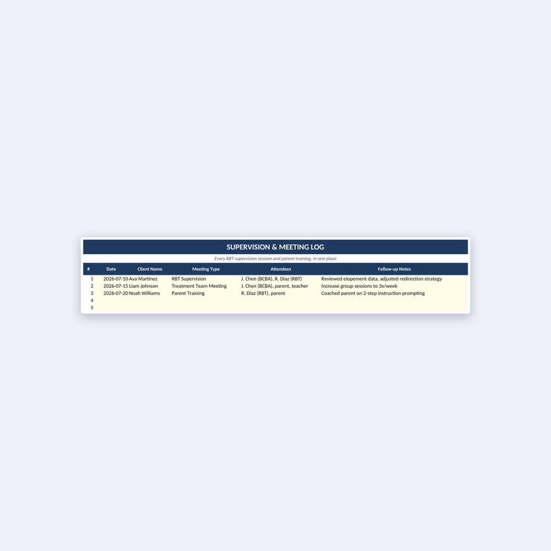 May include: A Supervision & Meeting Log document with a dark blue header and a light cream table body. The table includes columns for date, client name, meeting type, attendees, and follow-up notes, with three rows of recorded session data.