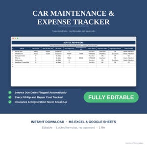Planilha Excel para controle de manutenção e despesas do veículo, lembrete de serviços automotivos, registro de quilometragem e combustível, Google Sheets, múltiplos veículos.