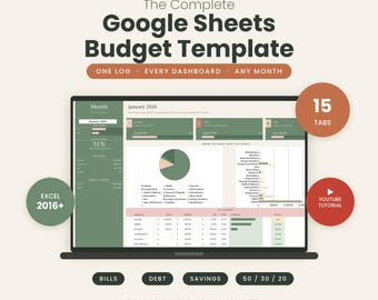 Google Sheets Budget Template Excel Monthly Budget Spreadsheet Annual Budget Planner Bill Tracker Debt Payoff Savings Goals Net Worth