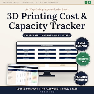 May include: A digital 3D Printing Cost & Capacity Tracker spreadsheet for Microsoft Excel and Google Sheets. The interface displays a dashboard with failure rates, machine hours, and 8 tabs. Features include fully editable fields and formulas.