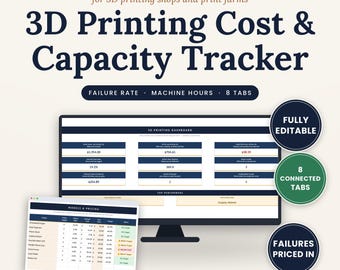 3D Printing Business Spreadsheet, Print Cost Calculator, Failure Rate Pricing, Filament Inventory, Print Farm Capacity, Excel Google Sheets
