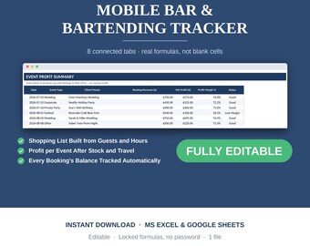 Mobile Bar Bartending Business Tracker, Event Booking Log, Drink Planner, Profit Dashboard, Excel
