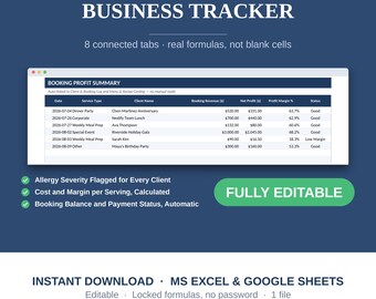 Personal Chef Business Tracker Spreadsheet, Menu Costing, Booking Log, Allergy Log, Profit Dashboard, Excel