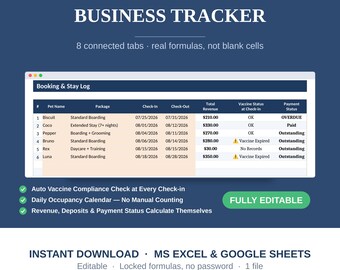 Dog Boarding and Kennel Business Tracker Spreadsheet, Occupancy Calendar, Vaccine Log, Booking Revenue, Excel Google Sheets