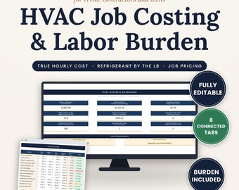 HVAC Business Spreadsheet, Job Costing Calculator, Labor Burden & Refrigerant Tracker, Maintenance Agreement Log, Excel Google Sheets