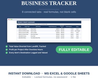 Professional Organizer Business Tracker Spreadsheet, Project Log, Donation Log, Profit Dashboard, Excel
