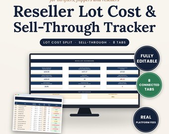 Reseller Spreadsheet, Inventory Profit Tracker, Lot Cost Split, Sell Through Rate, Poshmark eBay Mercari Fees, Excel Google Sheets