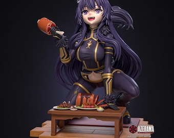May include: A detailed anime-style figurine of a purple-haired character with animal ears, wearing a dark purple and gold outfit. The character is kneeling on a wooden platform, holding a piece of meat, with a small table featuring plates of food.